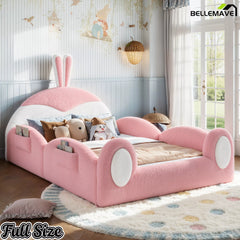 Full Size Upholstered Rabbit Headboard Kids Floor Bed in Bedroom