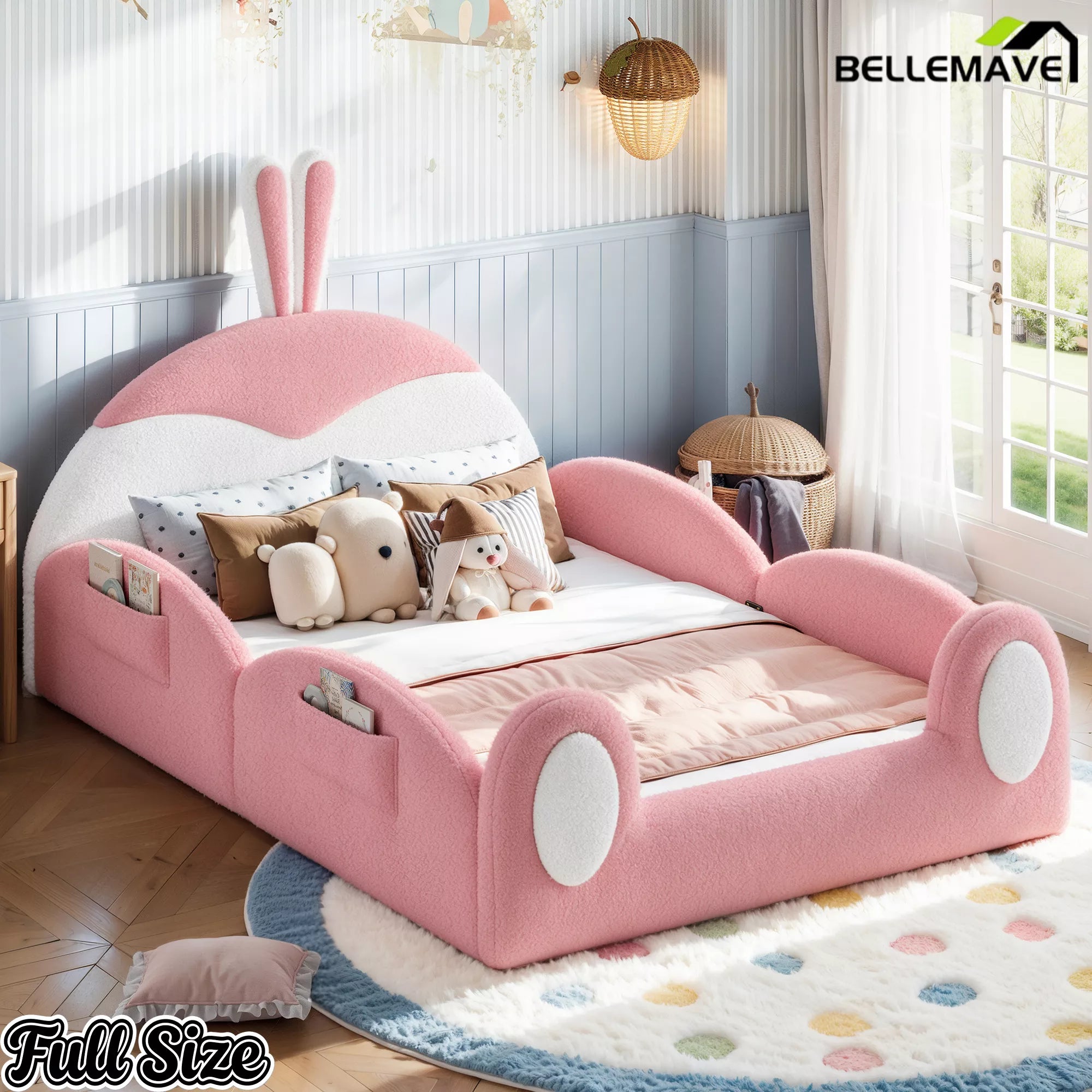 Full Size Pink Upholstered Kids Floor Bed with Cute Rabbit Headboard