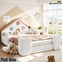 Full size house bed with upholstered guardrails