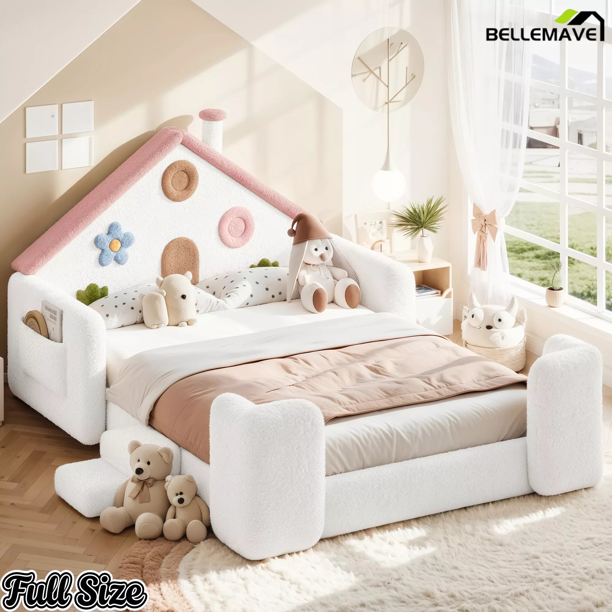 Front view of upholstered floor bed with house design