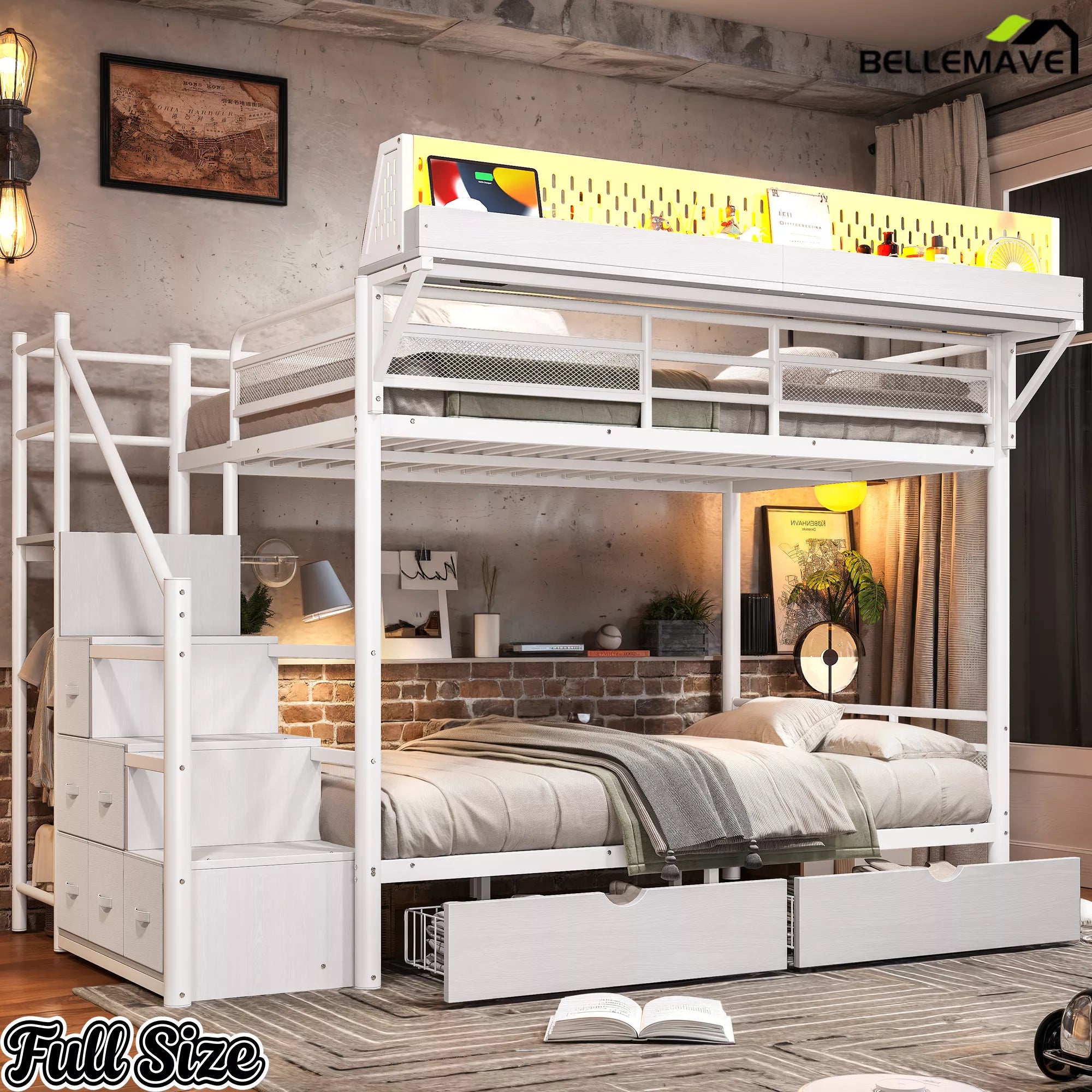 Full size white metal bunk bed with integrated staircase storage and lower fabric drawers in a bedroom
