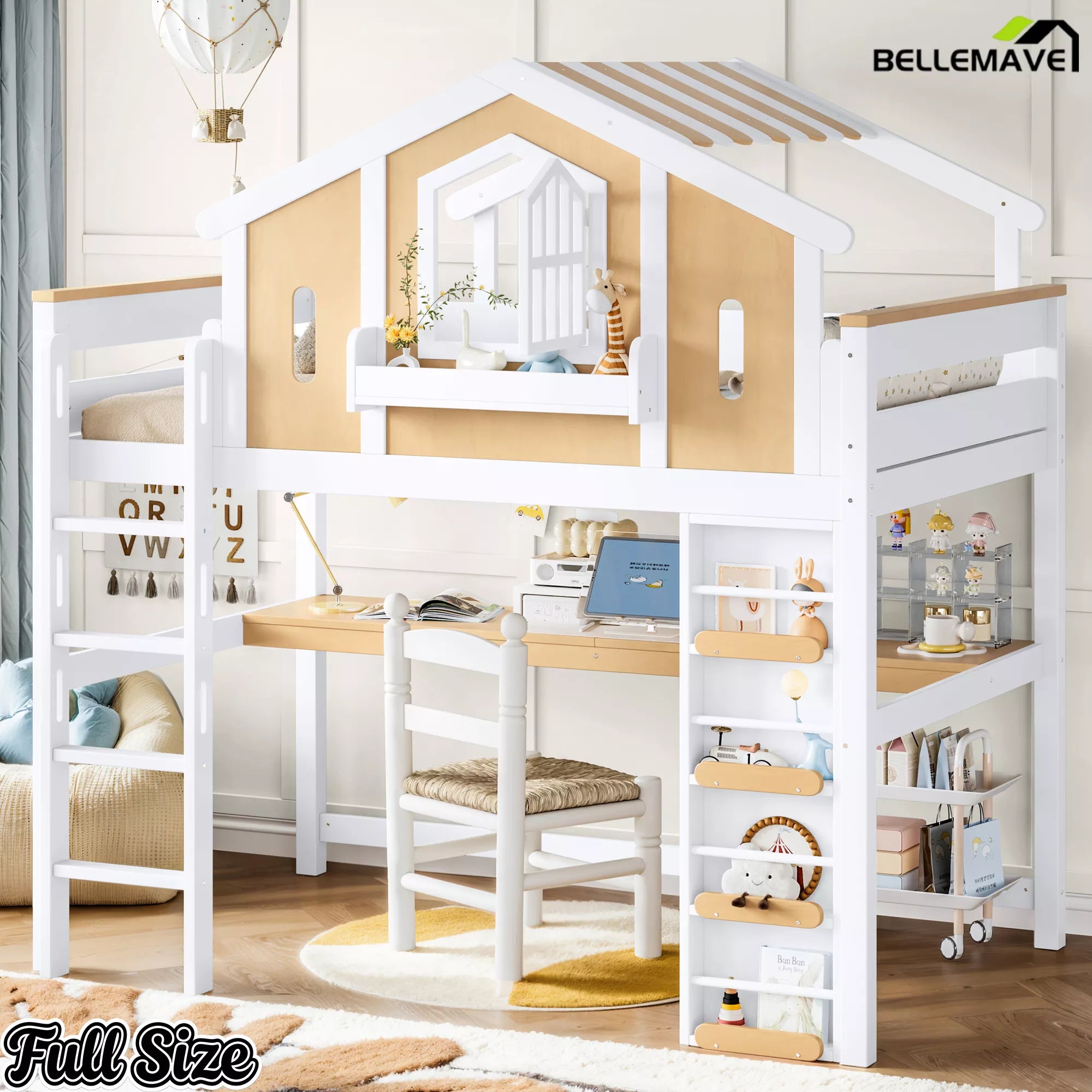 Full Size house loft bed with light wood-tone panels, built-in desk, and staircase