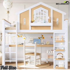 House-shaped kids loft bed with light wood-tone window accents, study desk, and open shelves