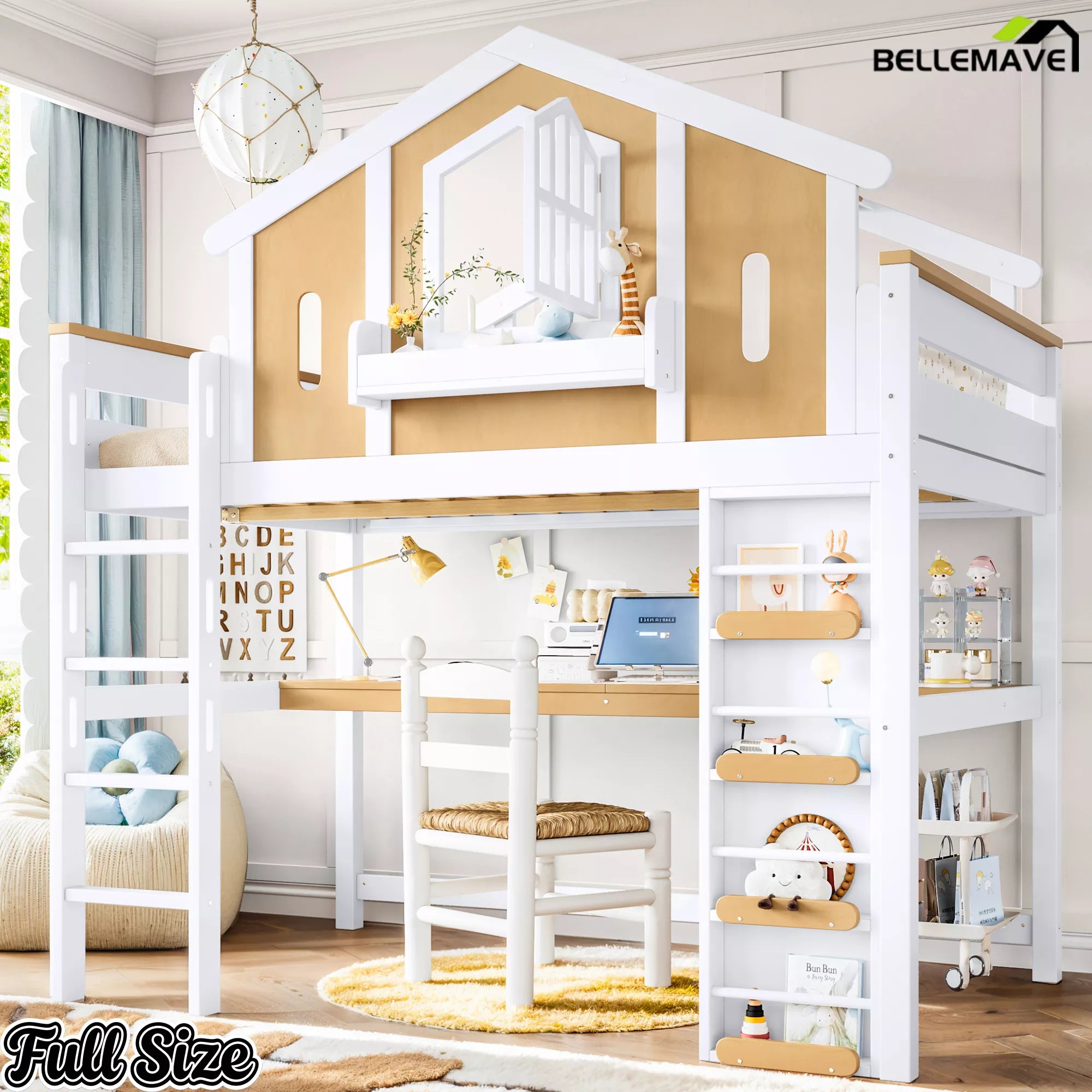 Full Size playhouse loft bed in a kids bedroom with built-in desk and staircase