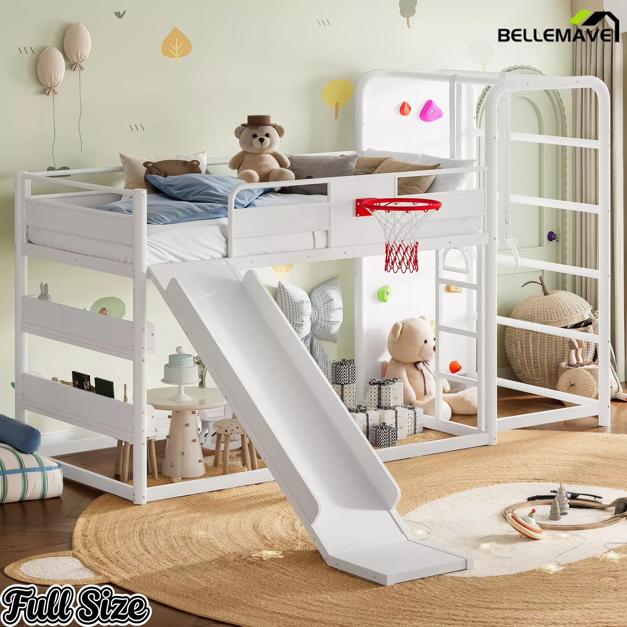 White full size metal loft bed with slide and climbing wall for kids