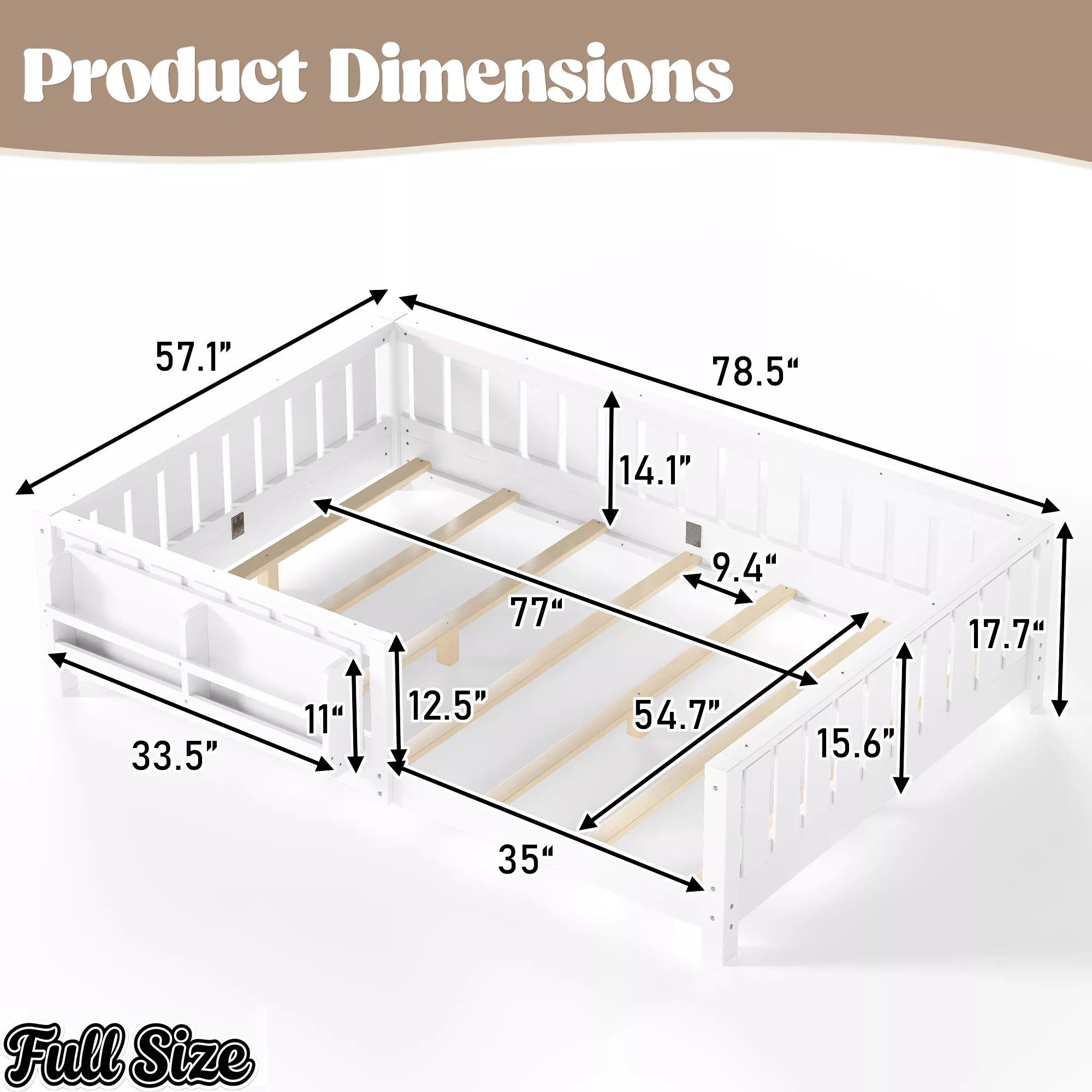 White Montessori floor bed with built-in bookshelf and safety rails