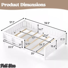 White Montessori floor bed with built-in bookshelf and safety rails