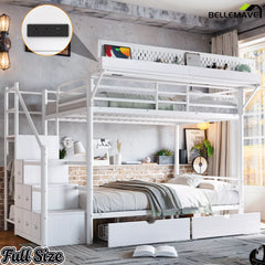 Full size white metal bunk bed with upper storage rack, staircase cabinets and lower fabric drawers