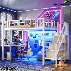 White Full Size Loft Bed Gaming Station Design