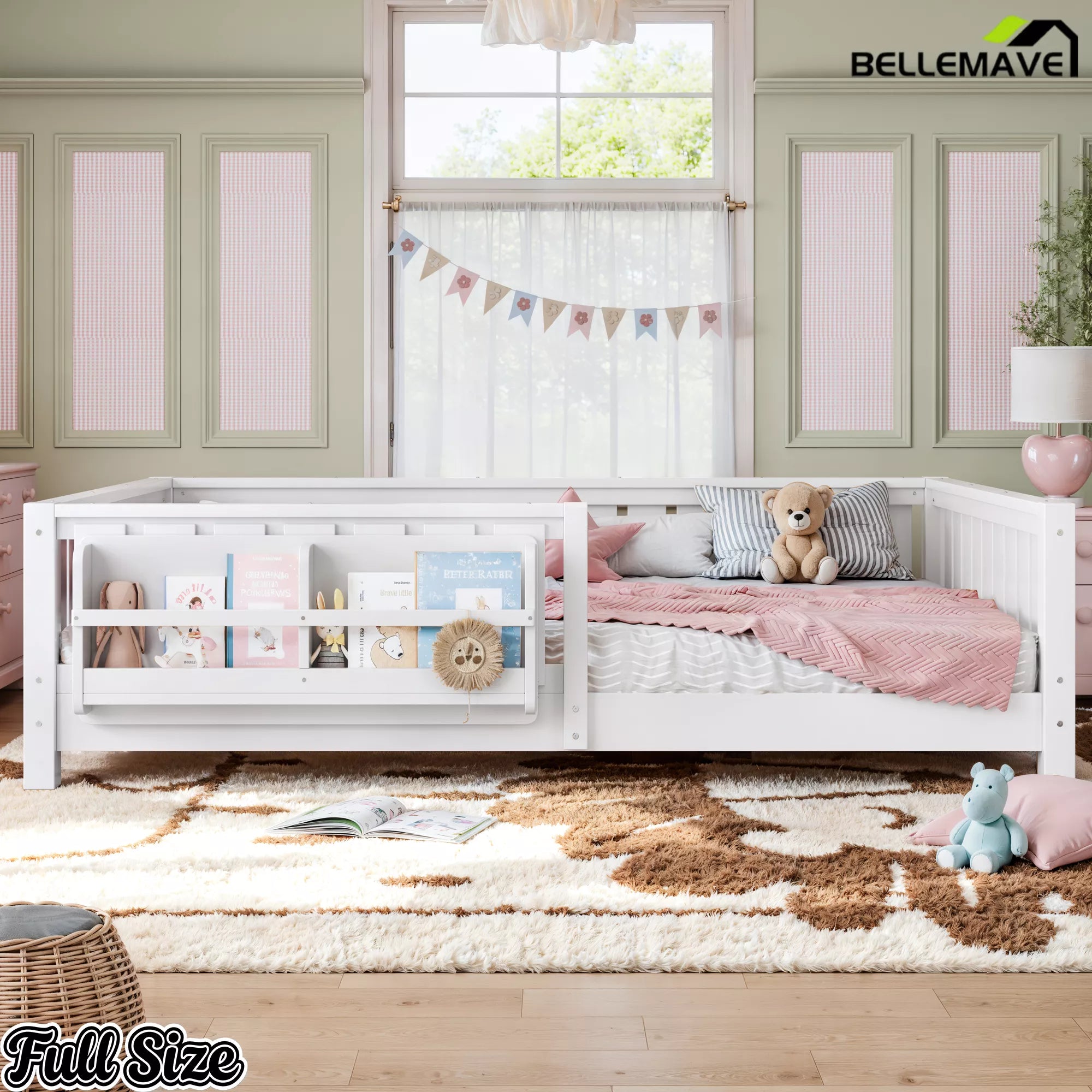 White kids floor bed frame with low height design and guardrails