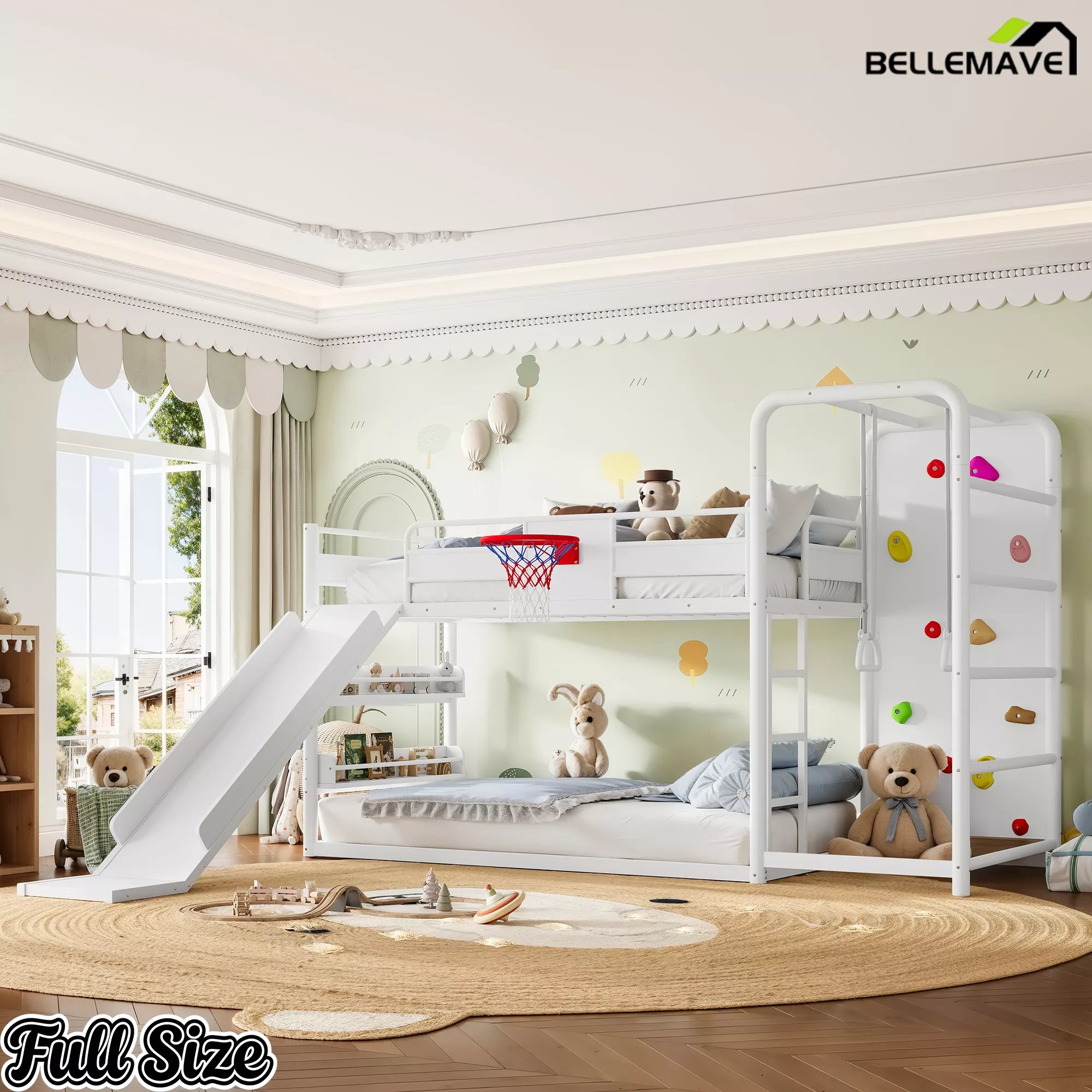 White kids loft bed with basketball hoop, slide and climbing wall features