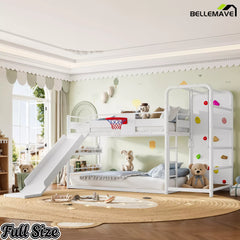 White kids loft bed with basketball hoop, slide and climbing wall features