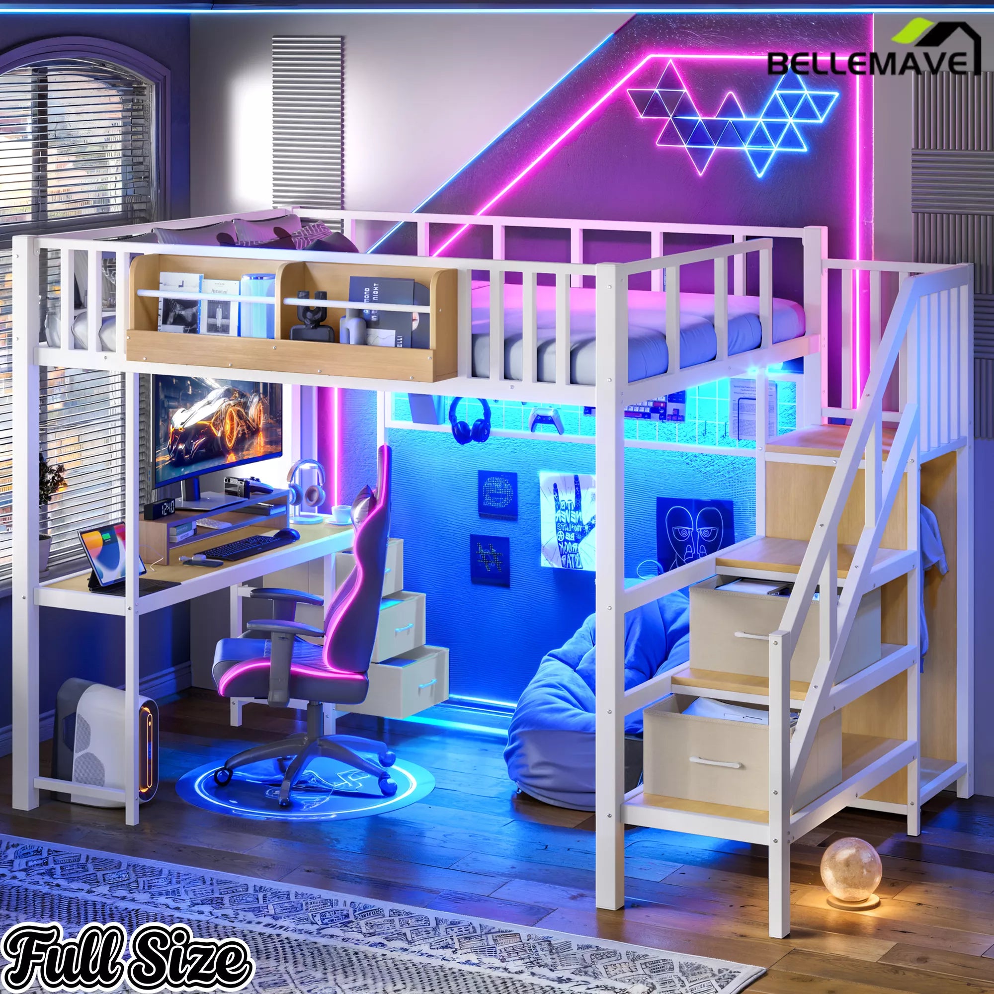 White Full Size Loft Bed with LED Light and Storage Stair