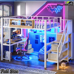 White Full Size Loft Bed with LED Light and Storage Stair