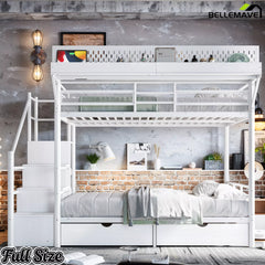 Front view of full size white metal bunk bed with upper and lower sleeping areas and storage staircase