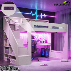 white full size gaming loft bed with LED lighting