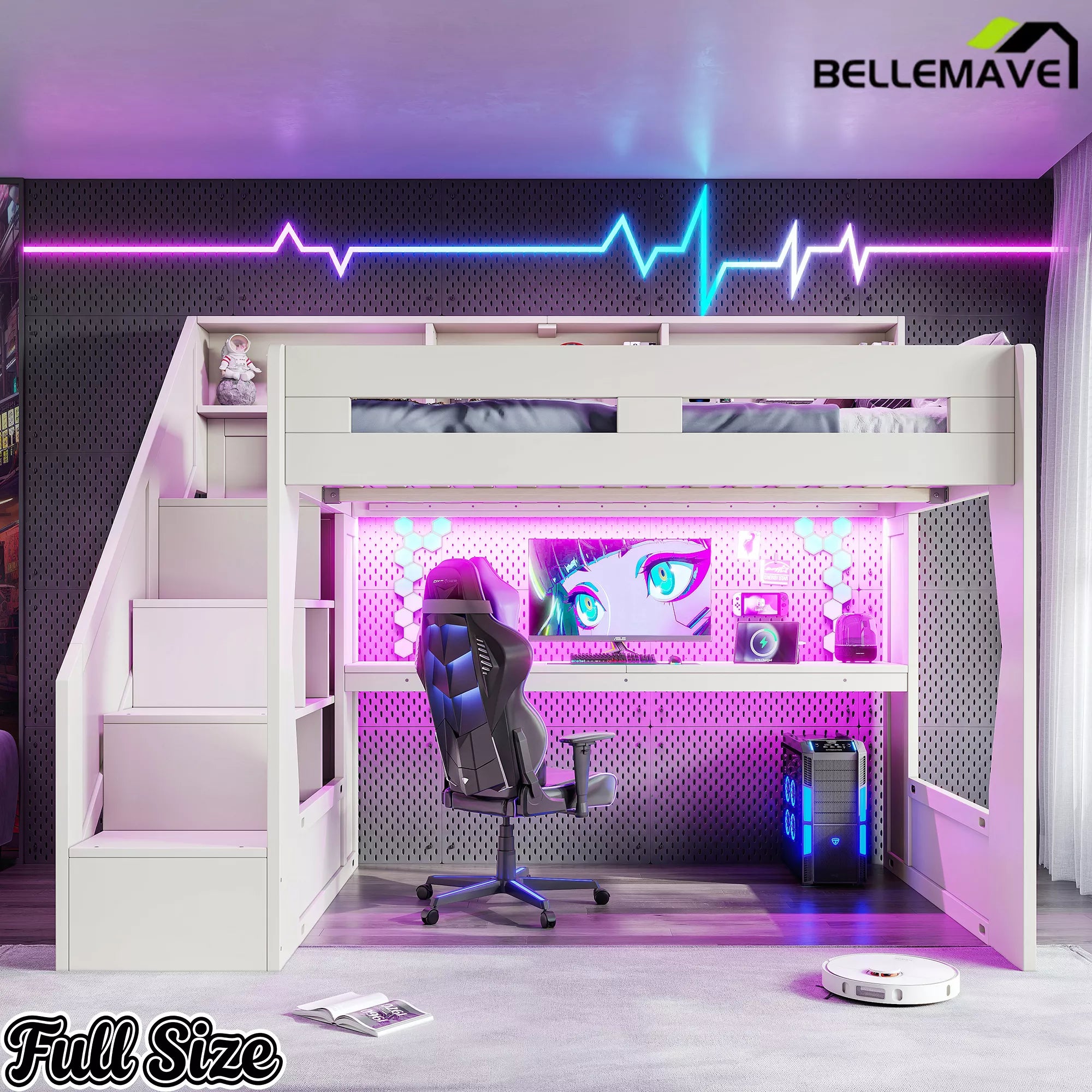 full size loft bed with built-in desk and shelves