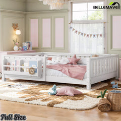 White Montessori bed with bookshelf for kids bedroom