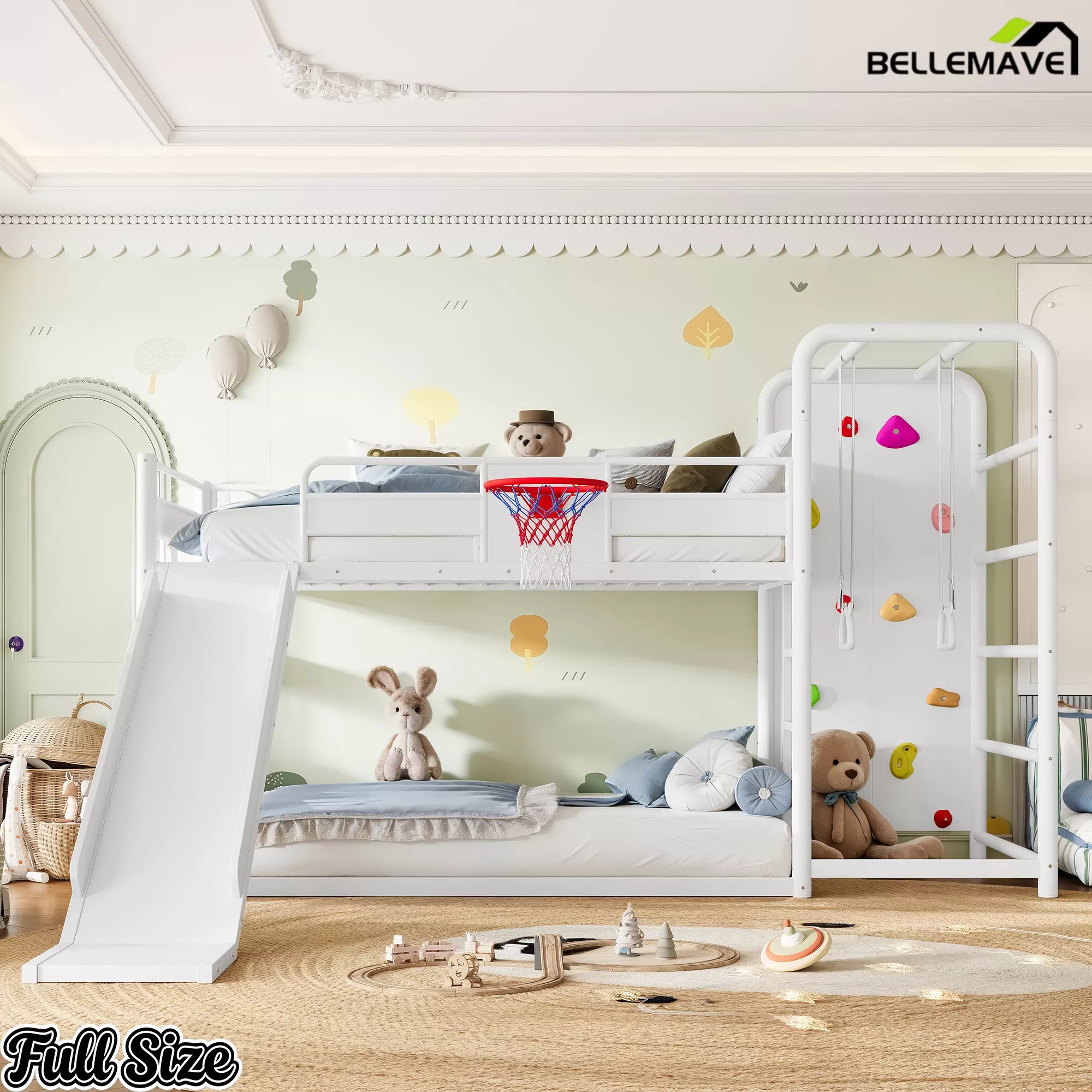 White metal loft bed with play area and sports features for children