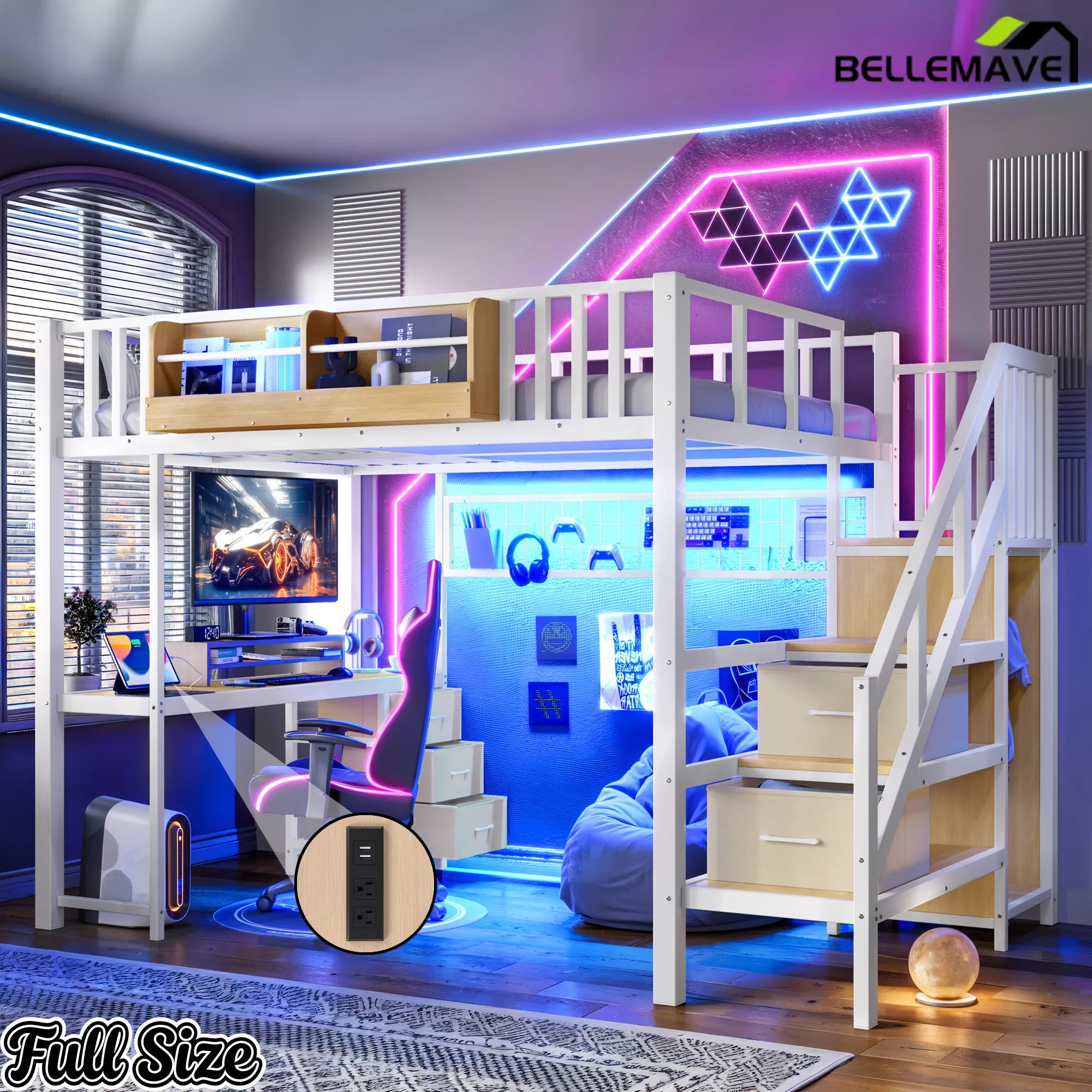White Full Size Metal Loft Bed with Desk