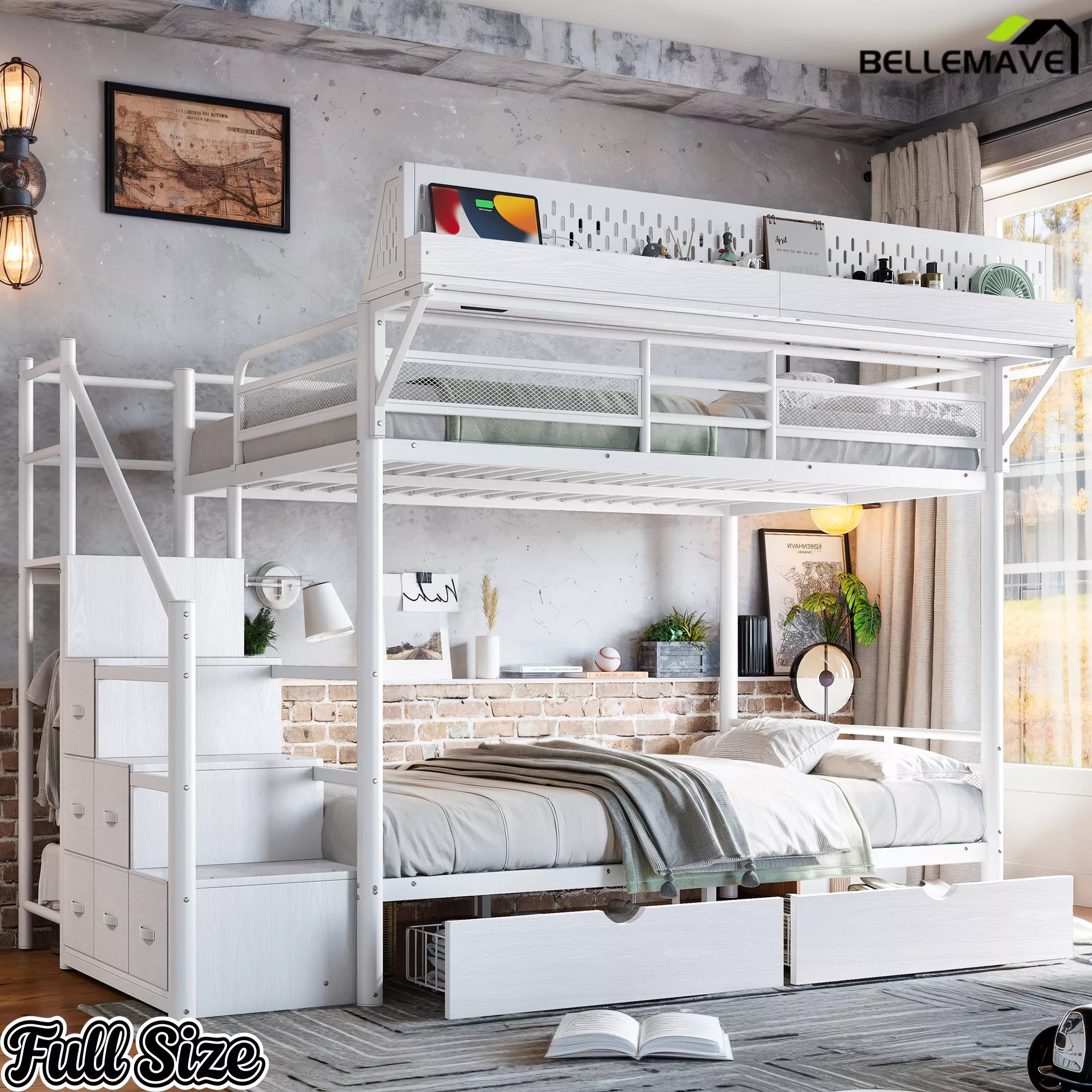 Full size white metal bunk bed with built-in staircase cabinets and upper bunk guardrails