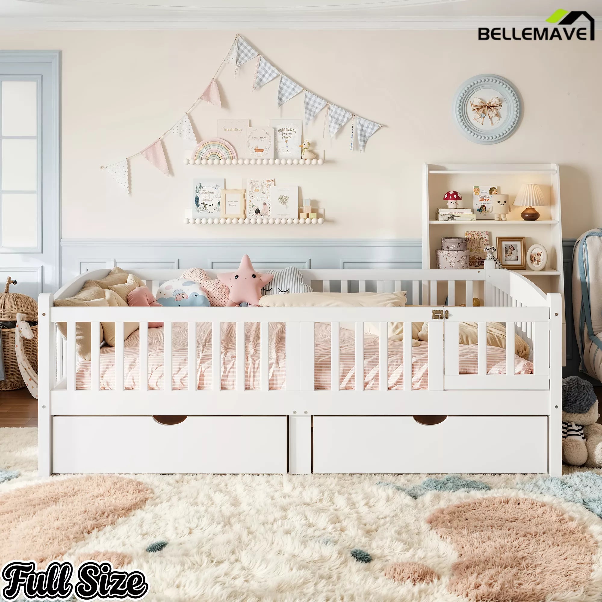 white children's platform bed with drawers