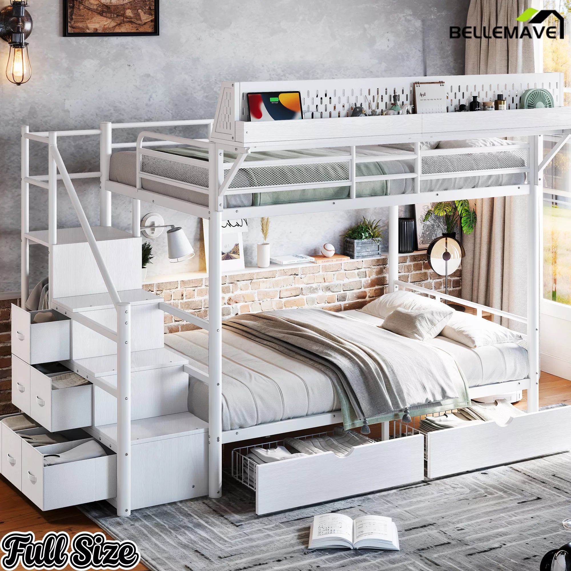Angled view of full size white metal bunk bed with storage drawers and staircase cabinets