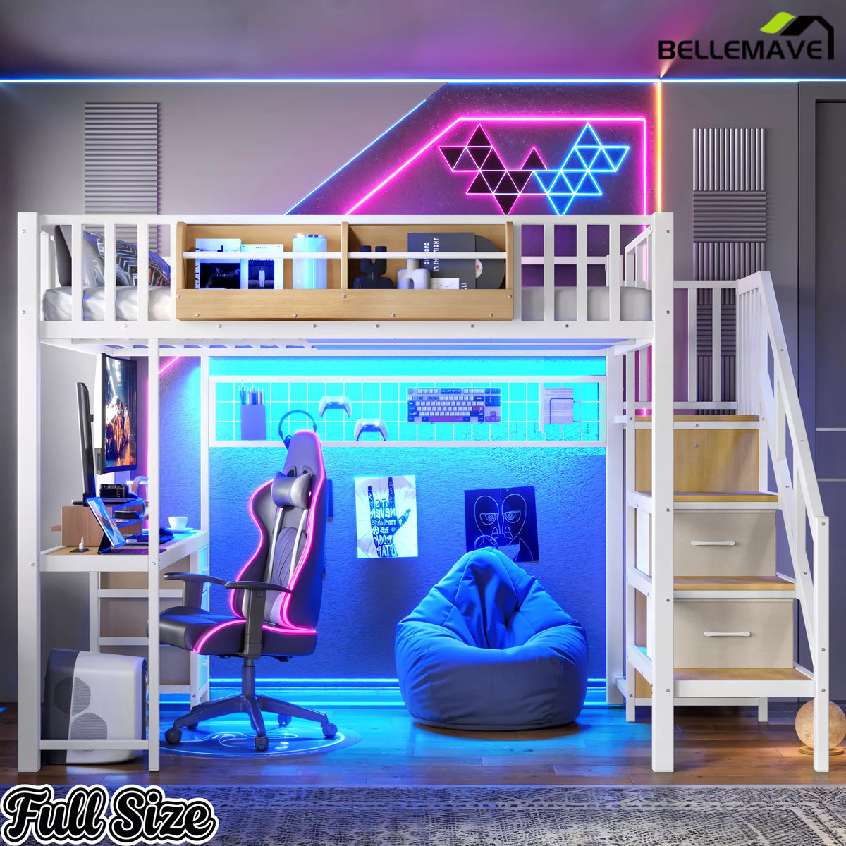 White Full Size Loft Bed Workspace Under Bed