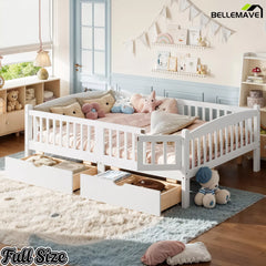 white platform bed with storage drawers and guardrails