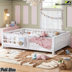 White floor bed with safety guardrails and children's low profile design