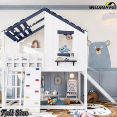 Full white and brown playhouse loft bed