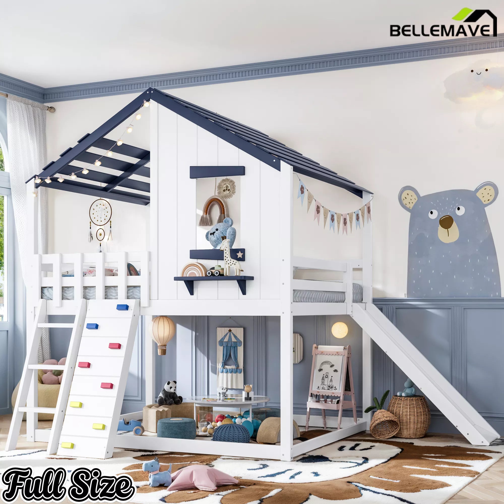 Kids house loft bed with slide and window design
