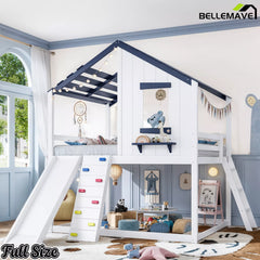 Full kids loft bed with ladder slide and roof
