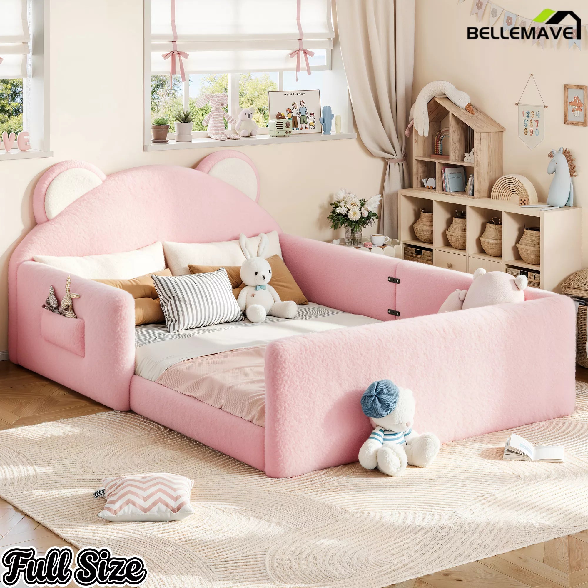 Pink and white bear shaped upholstered kids bed