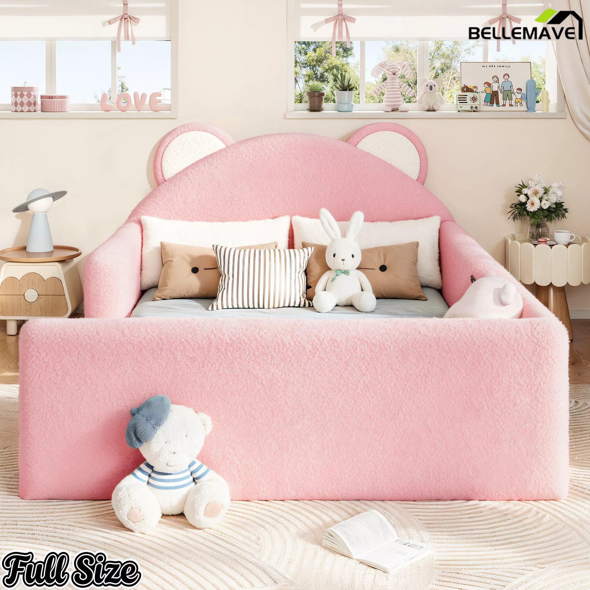 Pink teddy fabric floor bed with bear headboard