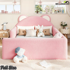 Pink teddy fabric floor bed with bear headboard