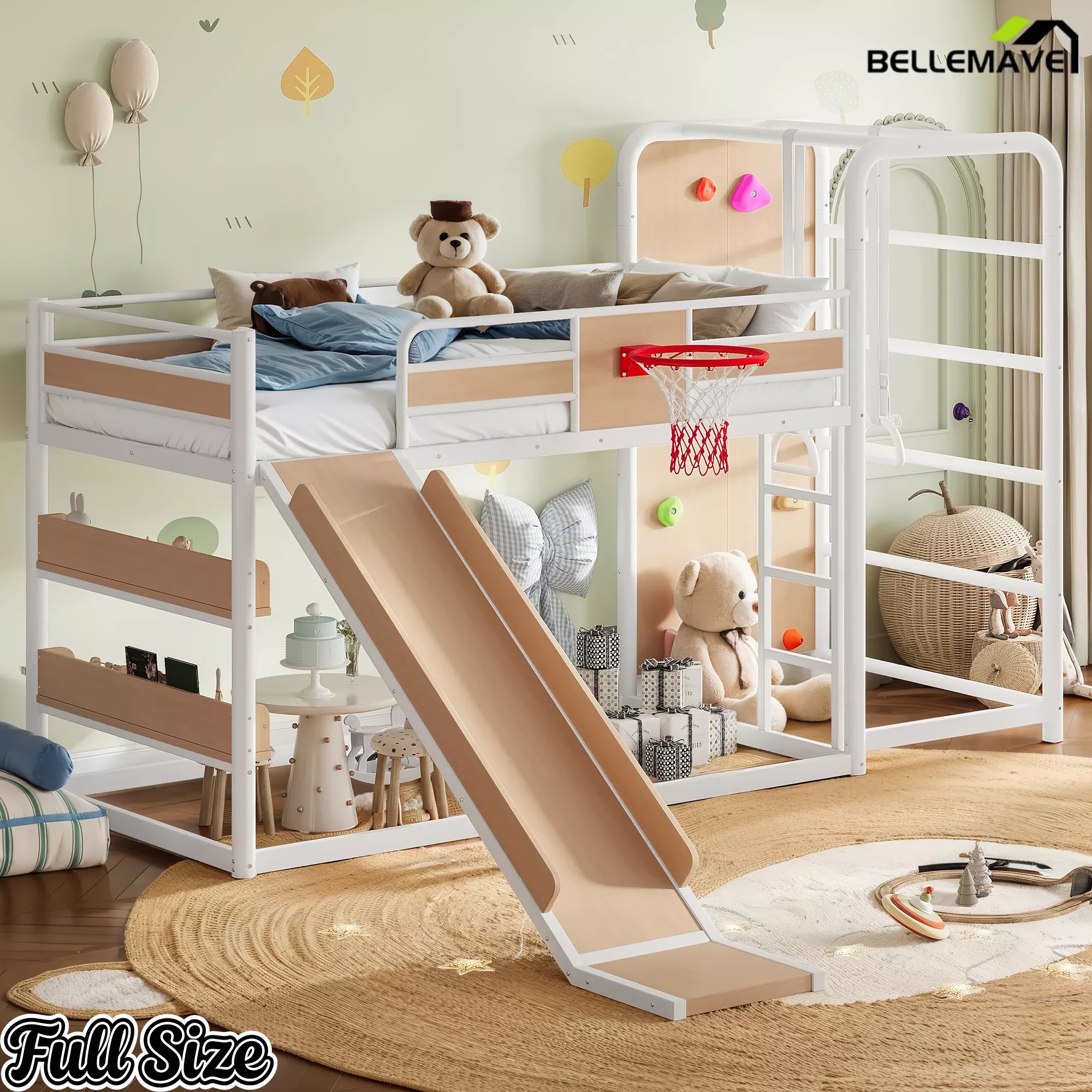 White full loft bed with slide and playful children's bedroom setup