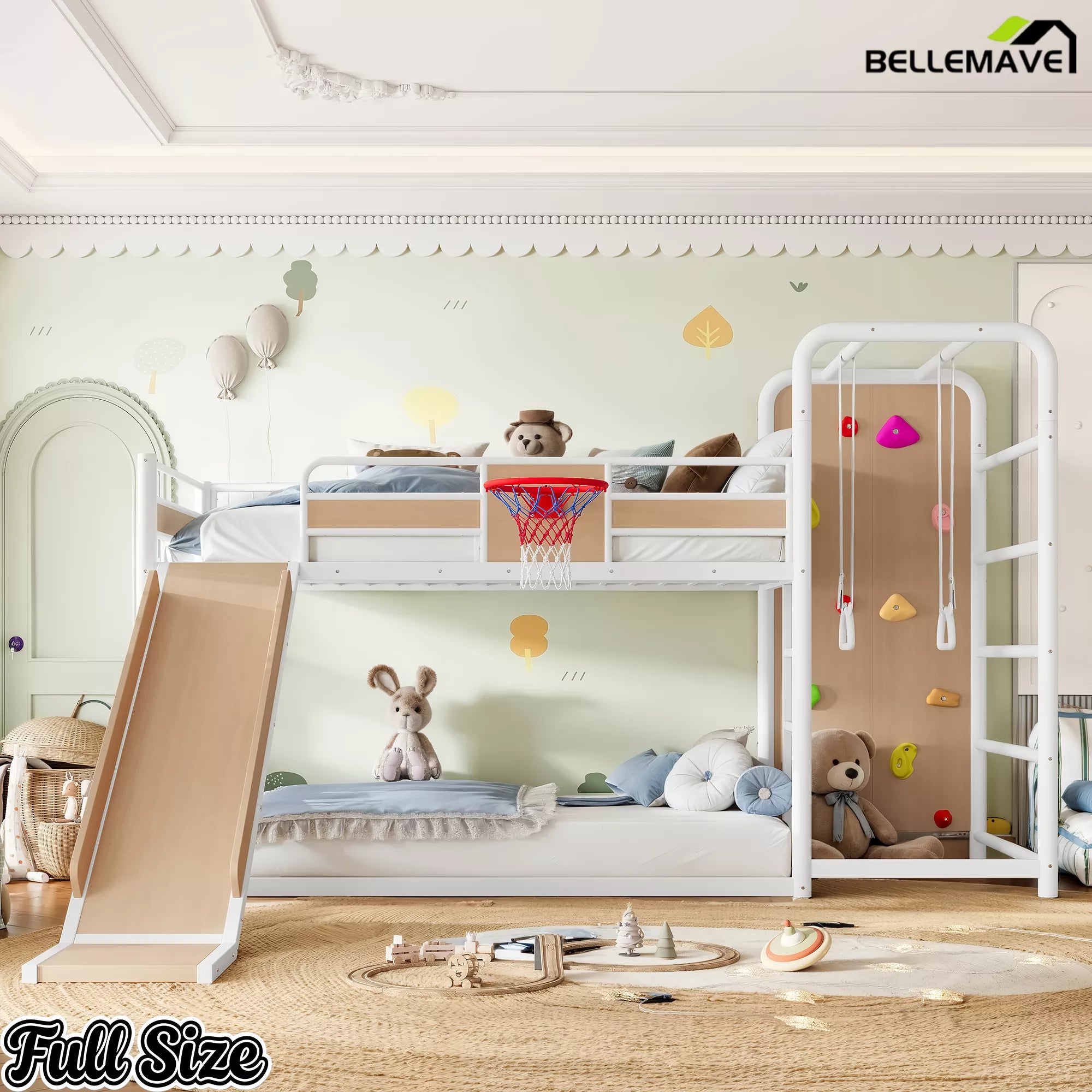 White loft bed with slide and basketball hoop for children's room