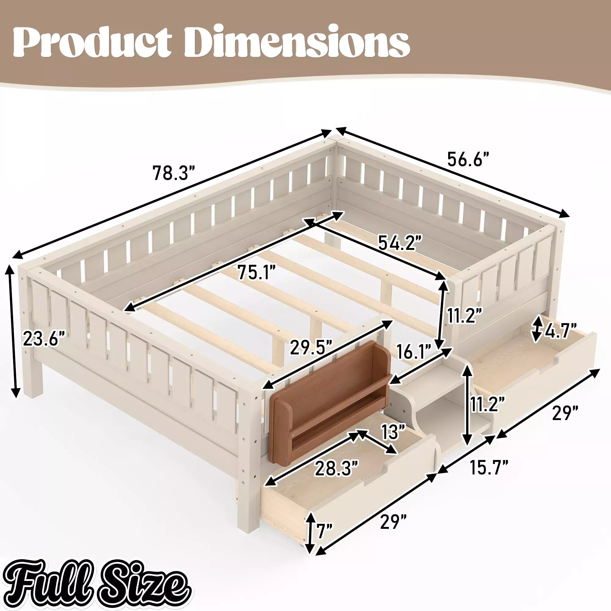 Bellemave® Montessori Bed with Stairs, Rails & Slats, Montessori Floor Bed with Bookshelf & 2 Storage Drawers for Girls & Boys Bellemave®