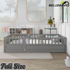 Bellemave® Twin Size Floor Bed with High Fence & Door, Montessori Floor Beds Frame Without Slats, White Bellemave®