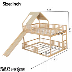 Bellemave® Full XL Over Queen House Bunk Bed with Slide, Solid Wood Kids Bunk Bed with Built-In Ladder