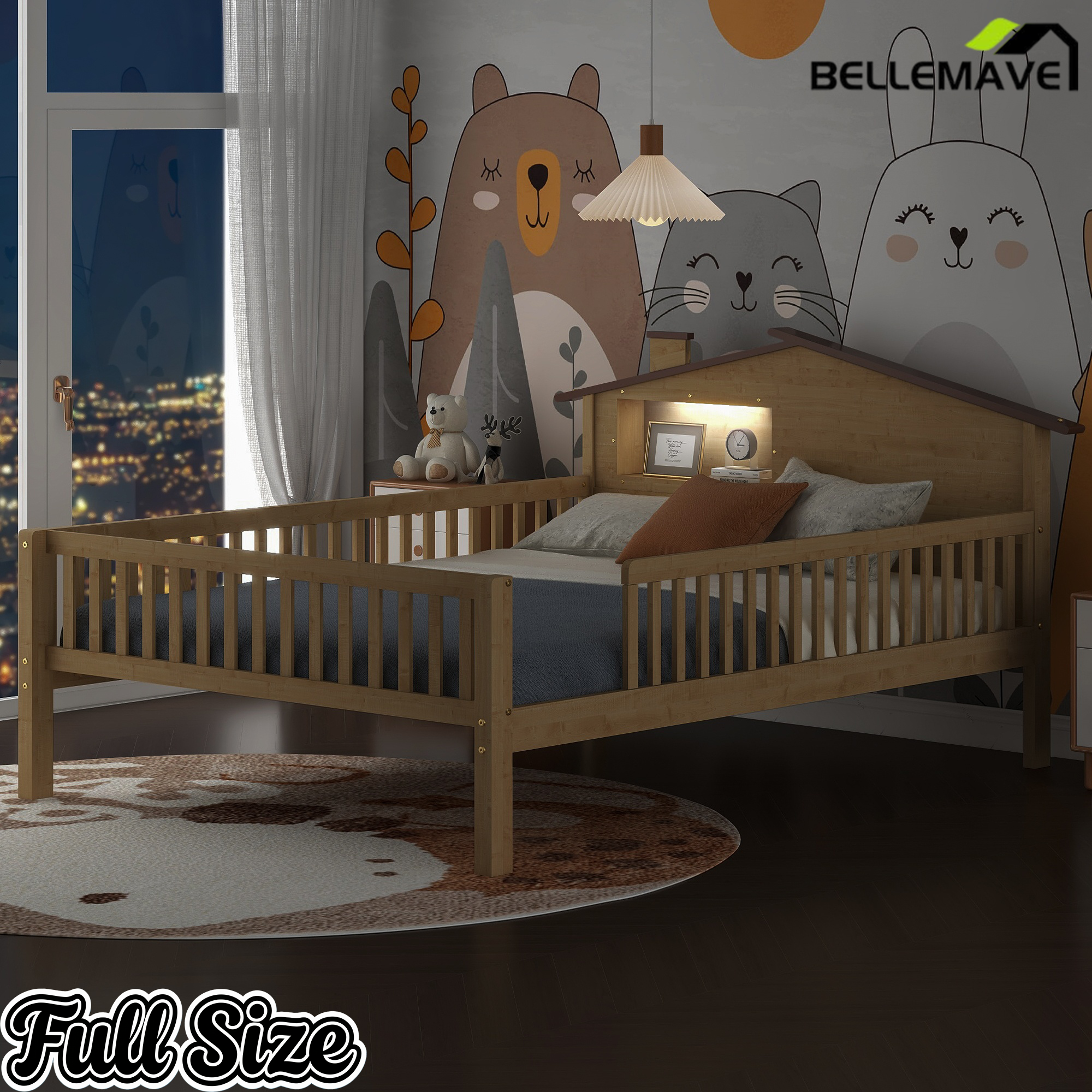 Bellemave® Twin Size Solid Wood Platform Bed with House-Shaped Headboard,Safety Guardrails,LED & Built-in Storage,No Box Spring Needed (Natural) Bellemave®