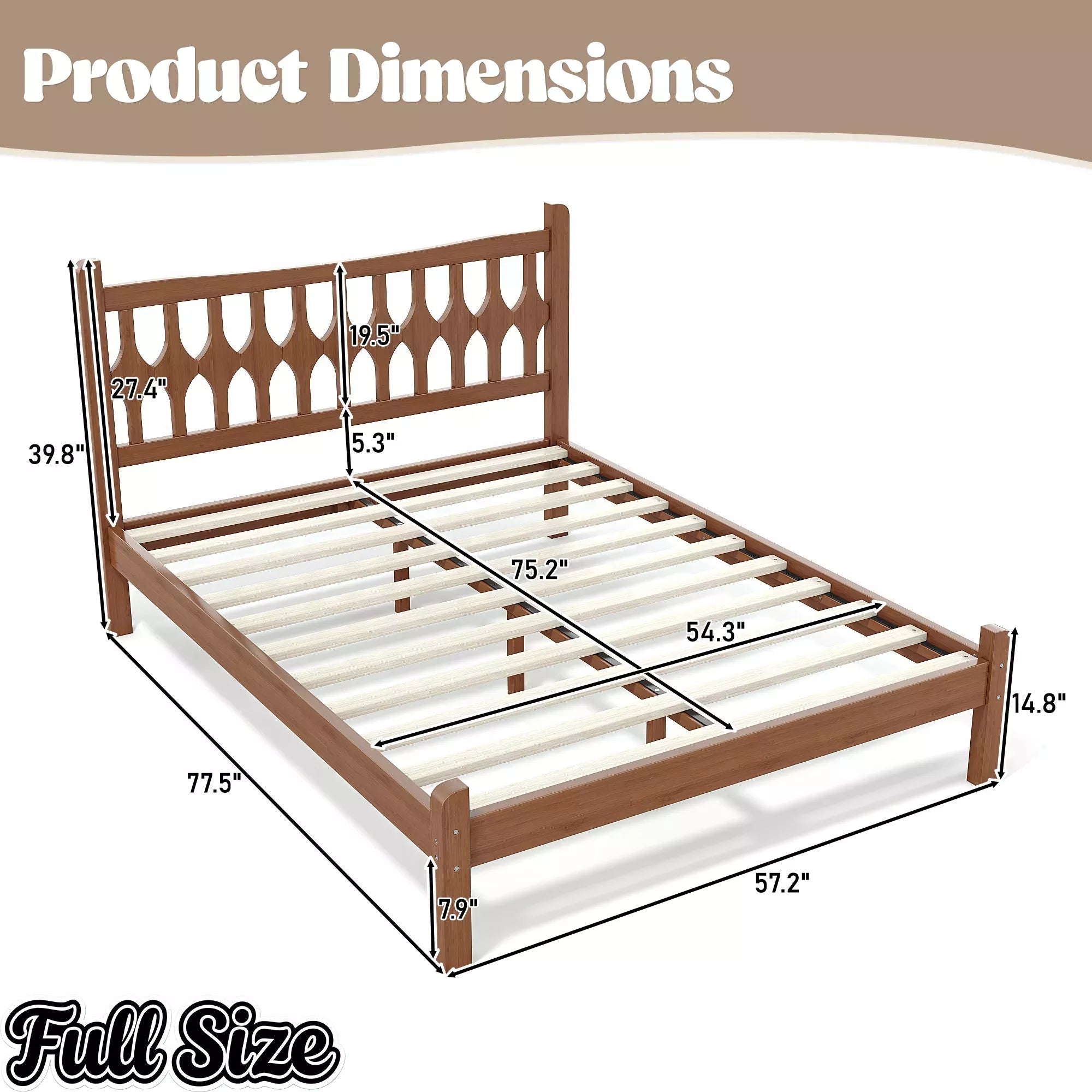 Bellemave® Bamboo Platform Bed with Diamond-shaped headboard, Solid Bamboo-made Bed Frame with Support Slats, for Bedroom, Guest Rooms, Brown Bellemave®