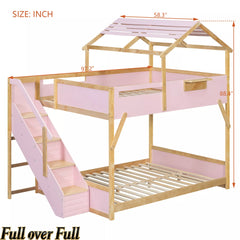 Bellemave® Twin Over Twin & Full Over Full House Bunk Bed with Stairs and 3-Color LED Lights for Kids and Teens