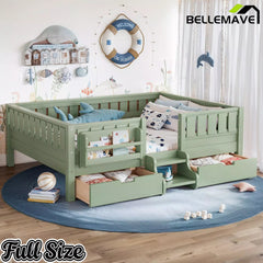 Bellemave® Montessori Bed with Stairs, Rails & Slats, Montessori Floor Bed with Bookshelf & 2 Storage Drawers for Girls & Boys Bellemave®