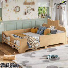 Natural solid wood full size Montessori kids bed with bow headboard, surrounding safety rails for girl bedroom