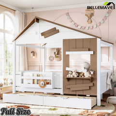 Bellemave® Wooden Farmhouse House Bed with Storage Drawers, Window Shelf & Side Hooks, Kids Playhouse Floor Bed
