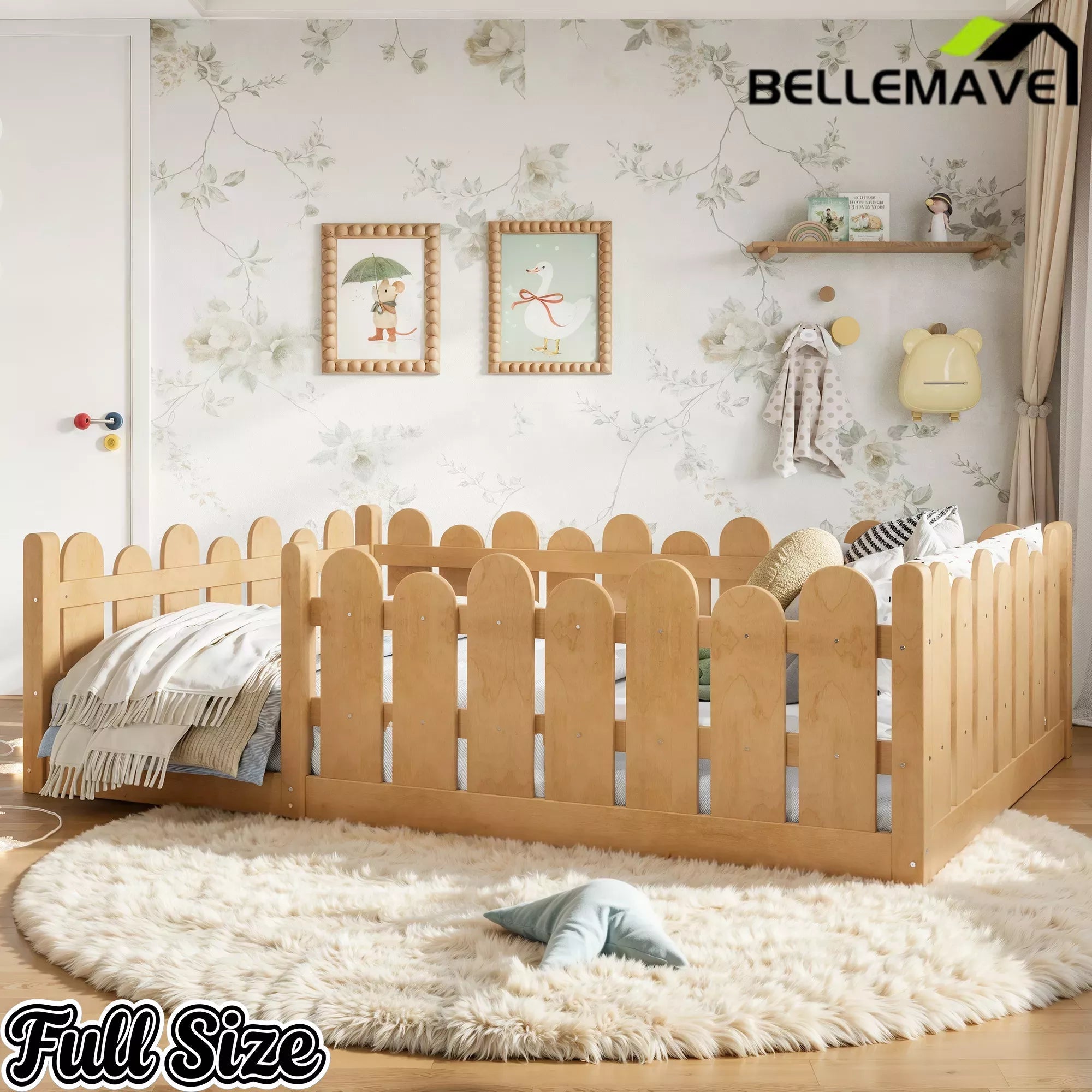 Bellemave® Kids Montessori Floor Bed with Rounded Safety Guardrail,Solid Wood Montessori Bed for Girls & Boys Bellemave®