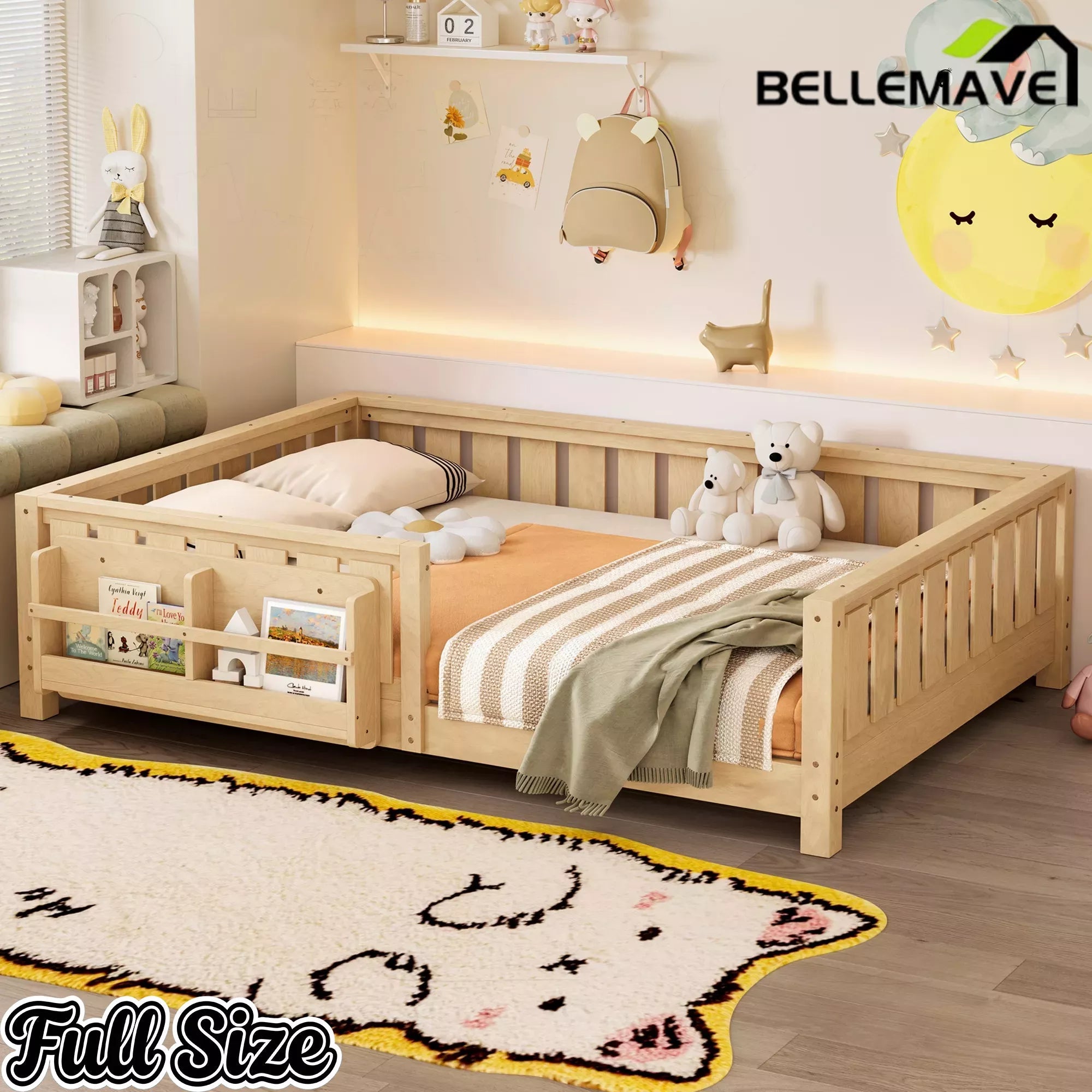 Bellemave® Kids Montessori Floor Bed with Safety Guardrails, Built-in Bookcase & Wooden Slats — Twin, Full, Queen Sizes Bellemave®