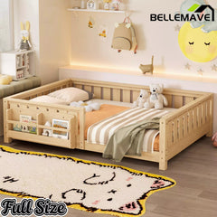 Bellemave® Kids Montessori Floor Bed with Safety Guardrails, Built-in Bookcase & Wooden Slats — Twin, Full, Queen Sizes Bellemave®